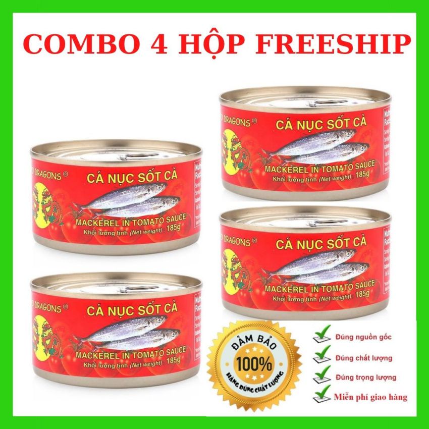 [COMBO 4 HỘP MIỄN SHIP] Cá hộp, Cá nục, Cá Trích, Cá mòi sốt cà chua 185g Two Dragon thơm ngon, đậm đà