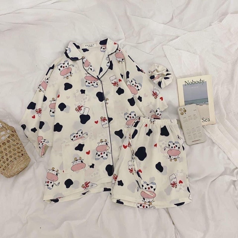 Bộ ngủ pijama hoạ tiết hoa quả vải đũi kate mặc mát phù hợp mùa hè