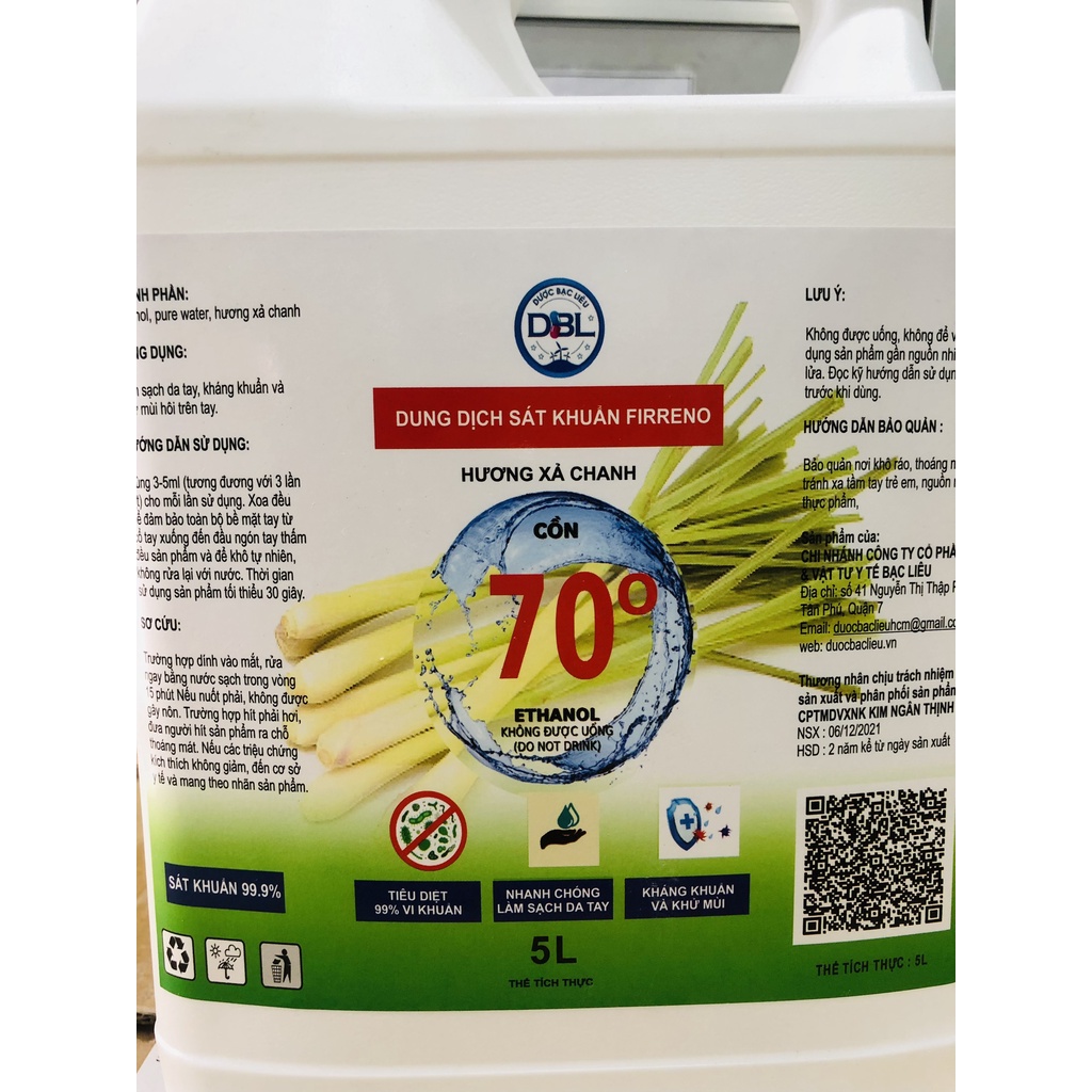 [ Giao Liền] Cồn 70 Độ Ethanol  Can 5 Hương Sả Chanh Lít Công Ty Dược Bạc Liêu