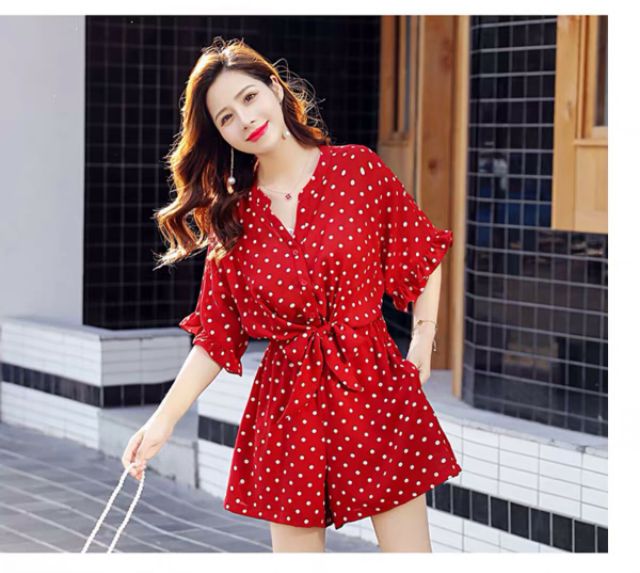 Jumpsuit ngắn ống rộng chấm bi, bộ jum đùi lụa thắt nơ - DTH