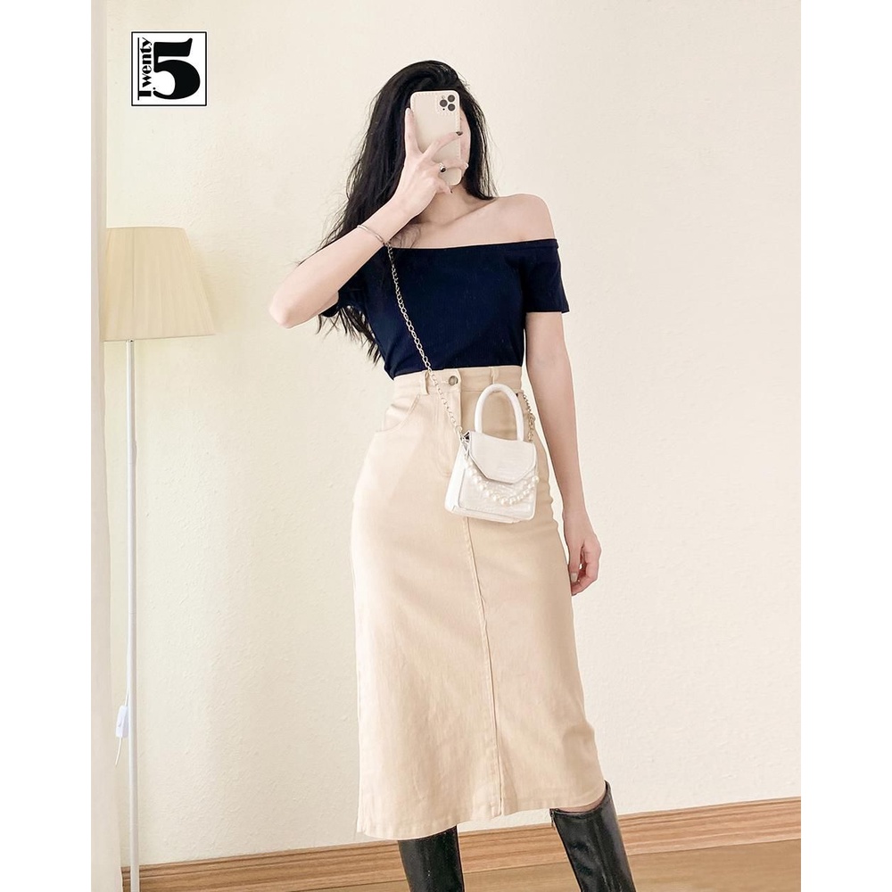 Áo thun trễ vai nữ tay ngắn dáng ôm vải cotton gân co dãn Twentyfive NN414