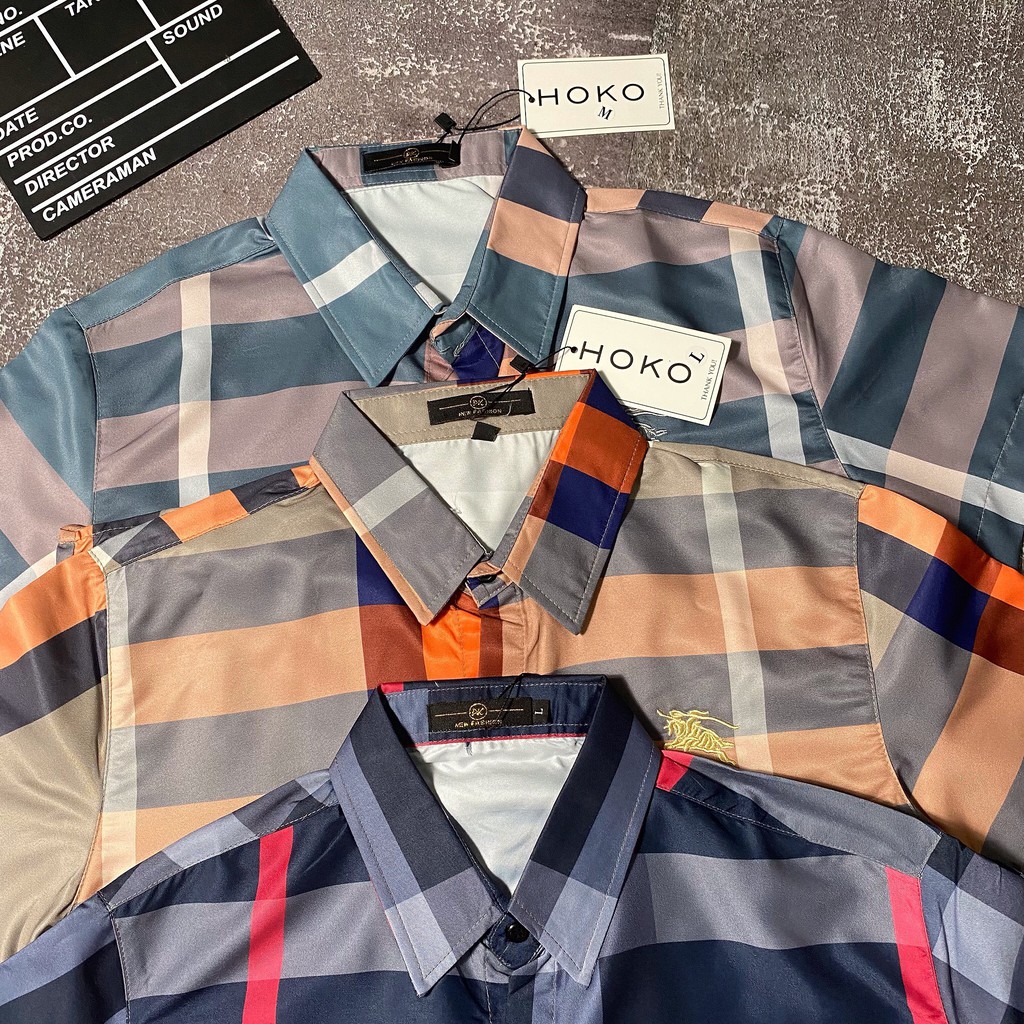 Áo sơ mi 3D tay ngắn chất lụa Caro thêu ngực hoạ tiết BURB đẹp mắt thoáng mát phong cách trẻ trung thời trang nam nữ