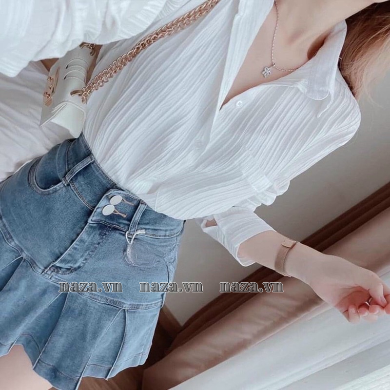 Áo sơ mi from rộng sọc xốp gân