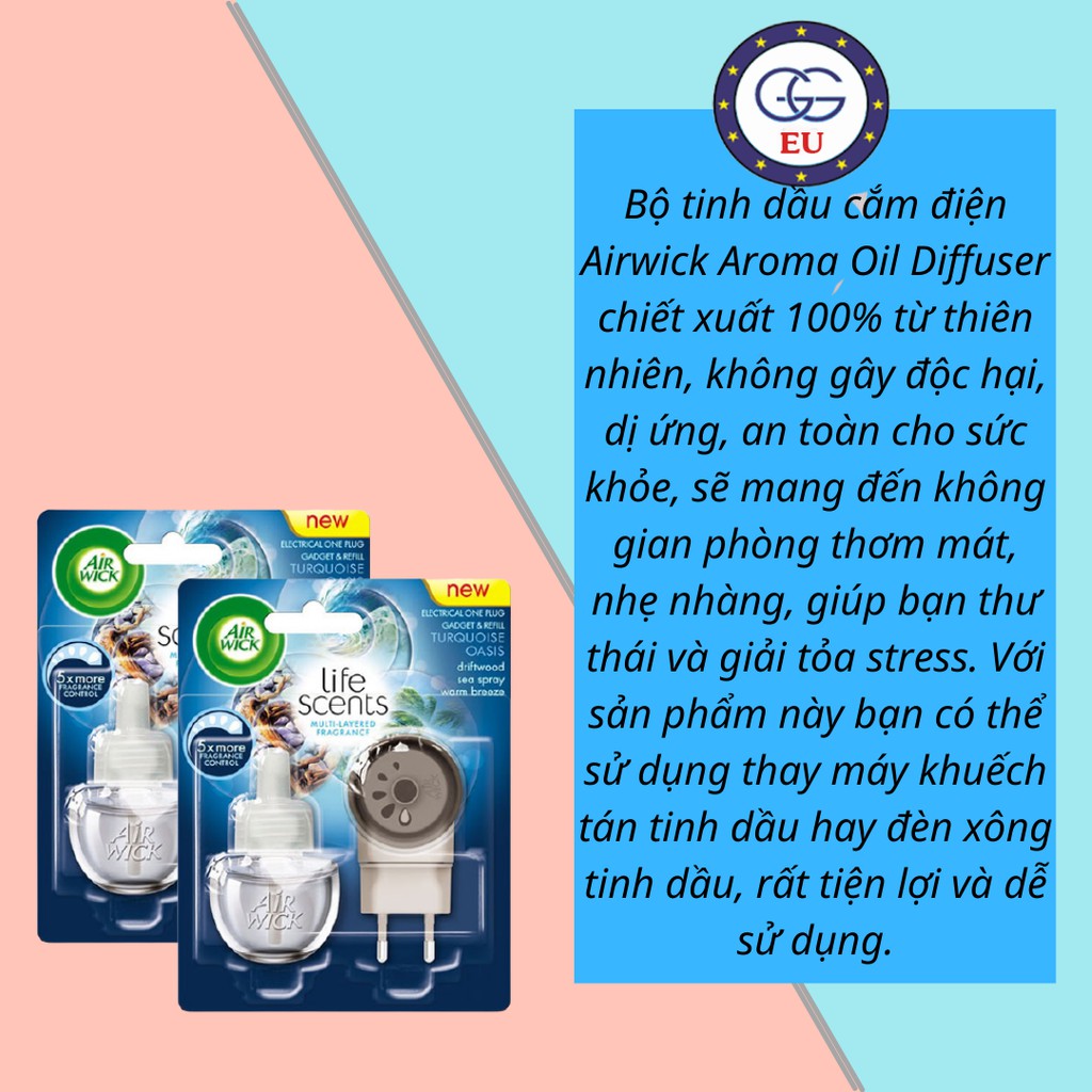 Bộ tinh dầu cắm điện Airwick lưu hương thơm lâu, từ thiên nhiên, hàng nội địa Châu Âu , GGEU