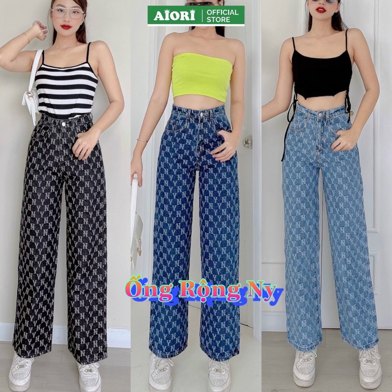 [CAO CẤP - ĐỦ 3 MÀU] Quần Jean Ống Rộng AIORI Lưng Cao Họa Tiết NY Thời Trang Hàn Quốc_Mã E004