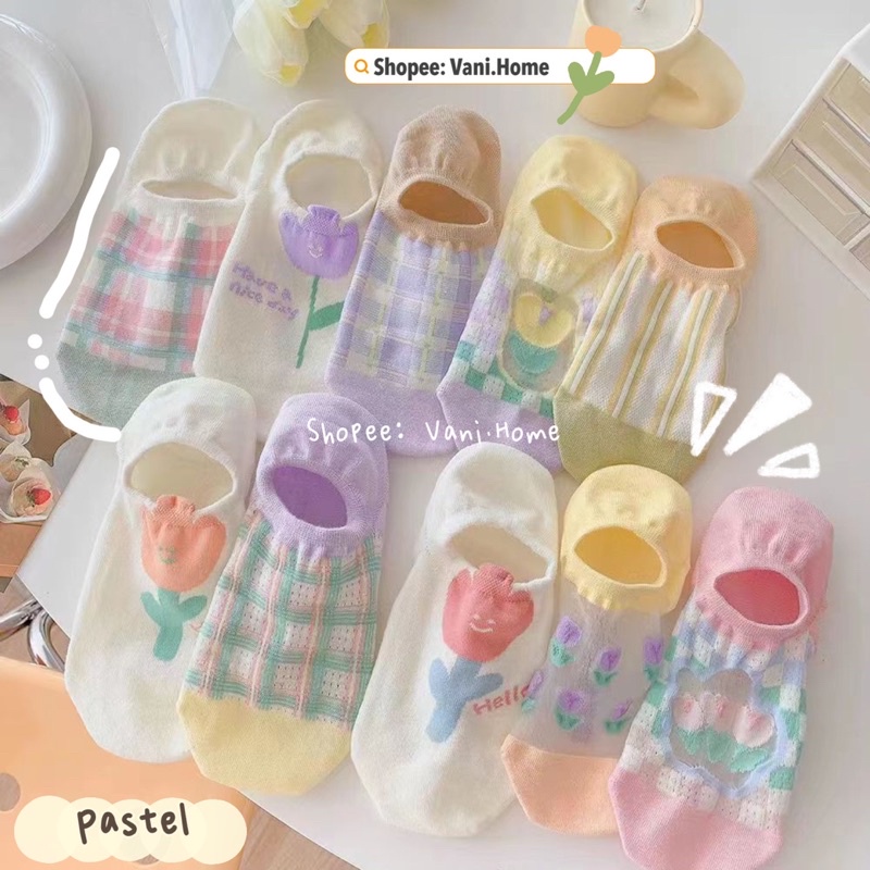 Set 10 đôi tất nữ cổ ngắn hoa Tulip Pastel ngọt ngào vải cotton thoáng khí co giãn style HQ- Combo 10 đôi vớ nữ cổ thấp