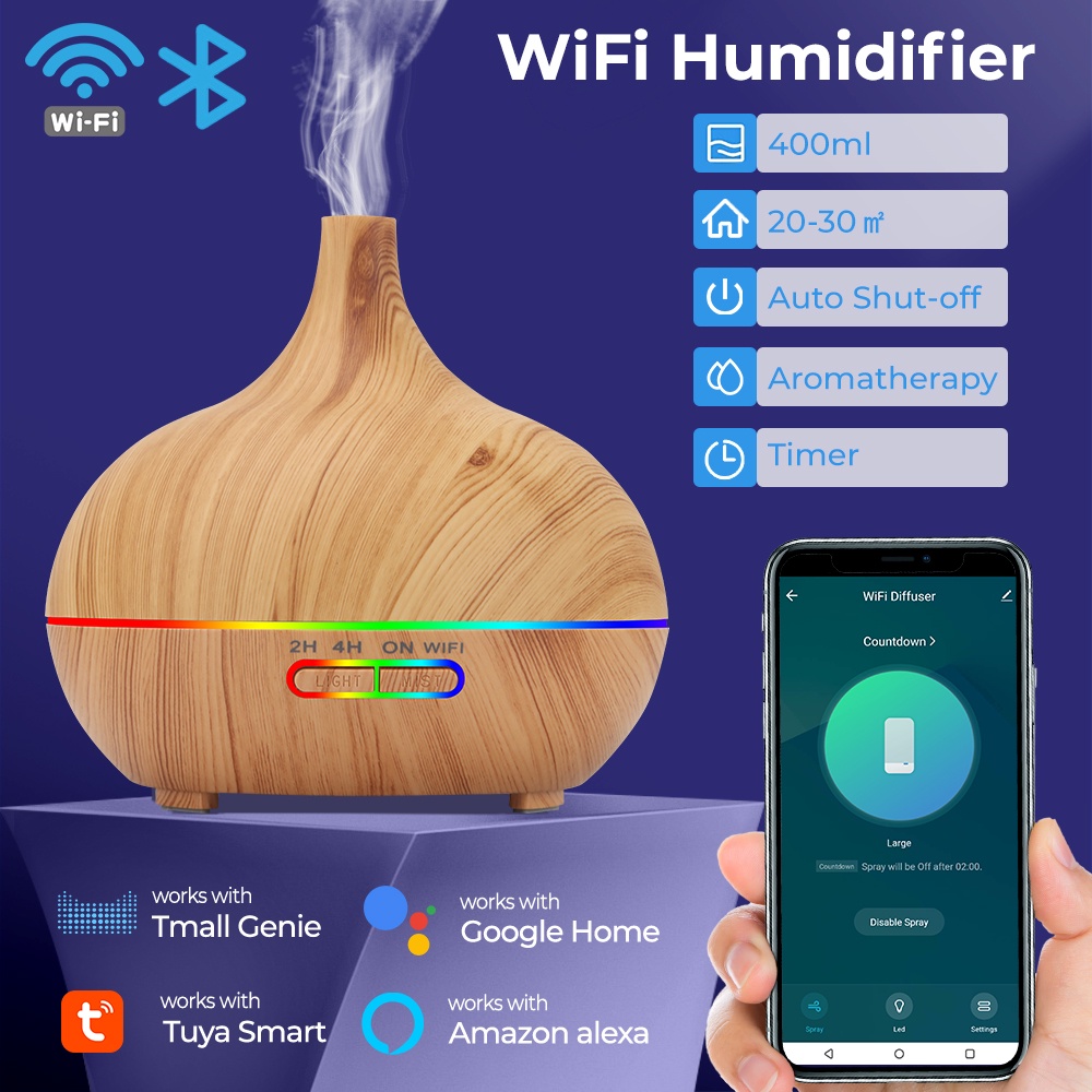 Máy Khuếch Tán Tinh Dầu Làm Ẩm Không Khí Thông Minh WiFi 400ml Có Đèn LED