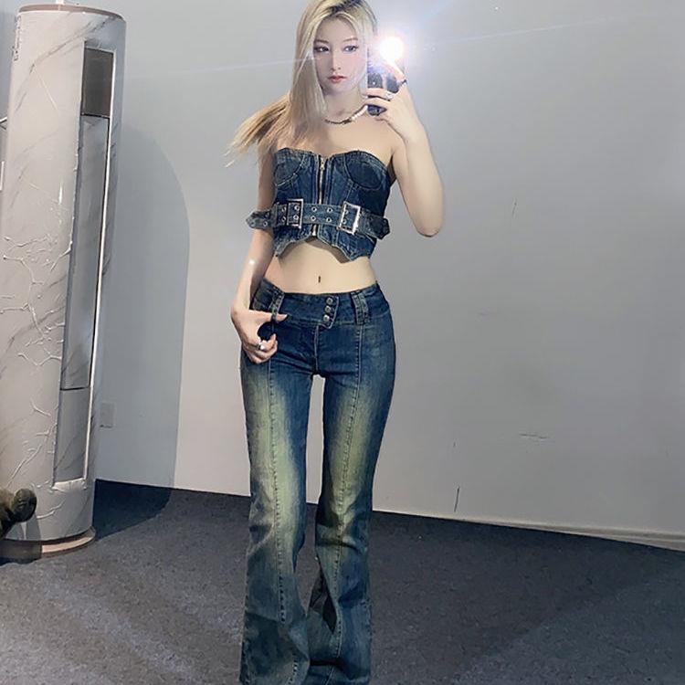 Set Đồ Hai Mảnh Gồm Áo Ống Loe Denim Và Quần Ống Loe Phong Cách Babyking Love Heroine Cho Bé Gái