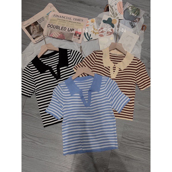 Áo cardigan polo nữ Fmstyle shop áo polo croptop cổ V hoạ tiết sọc phong cách hàn quốc 204250118
