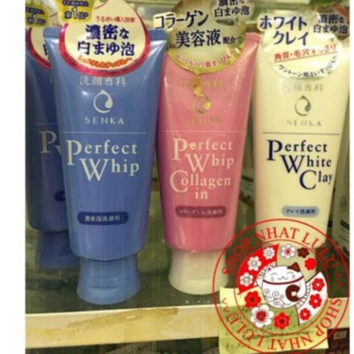 Sữa rửa mặt Perfect Whip - Collagen in - White Clay Senka màu hồng xanh trắng Nhật bản