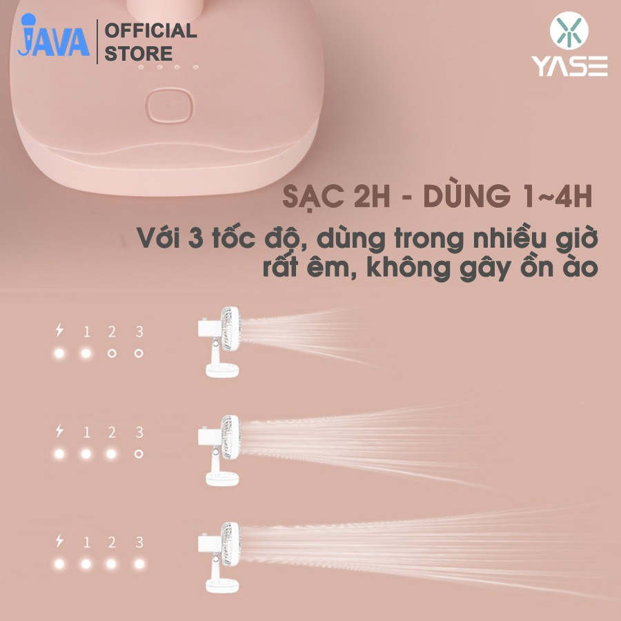 [LOẠI XỊN LỒNG XOAY - CÓ ĐÈN] Quạt tích điện mini Yase Fan-JAVA V1 - Có chân để bàn - 3 tốc độ gió - Dùng 2-4h