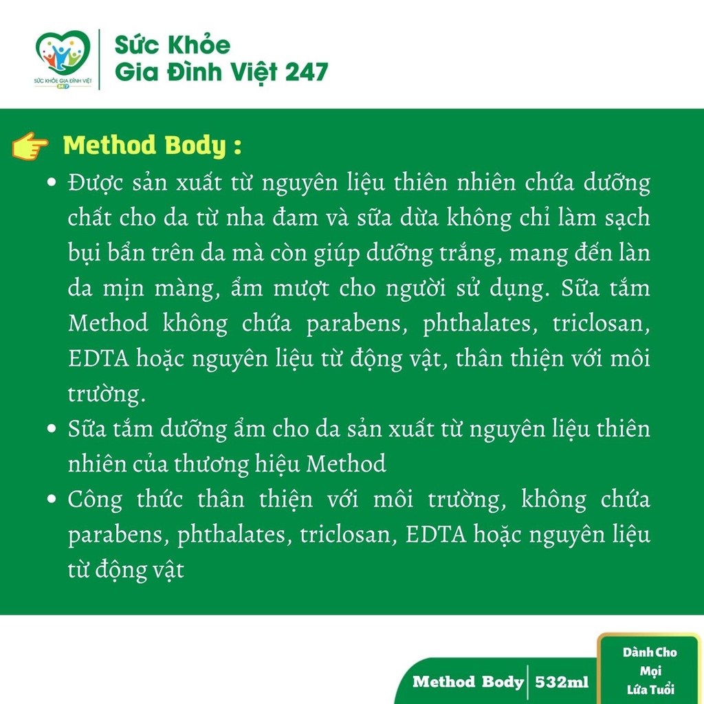 Sữa Tắm Method Body 532ml - Hàng Chuẩn Úc 100% Từ Thiên Nhiên An Toàn Sáng Mịn, Cấp Ẩm Tốt Cho Da suckhoegiadinhviet247