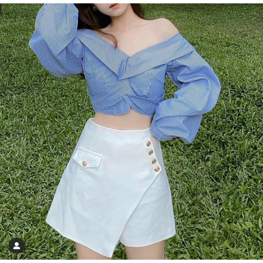 SET ÁO SỌC BẸT VAI + CHÂN VÁY NÚT TRẮNG