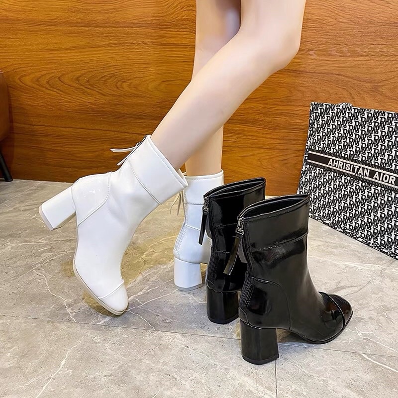 Bốt nữ cổ lửng da bóng Cao Cấp ChNel - giày boots nữ cao gót khoá sau hàng VIP