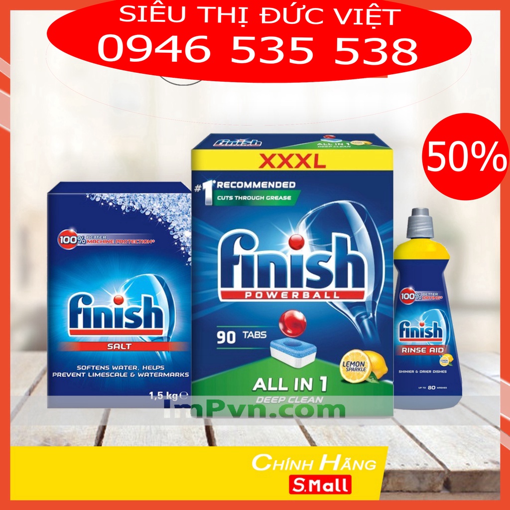 Combo Viên rửa bát Finish Hộp All in one  90 viên + Muối finish 1.5kg + Nước trợ xả và làm bóng bát finish 400ml