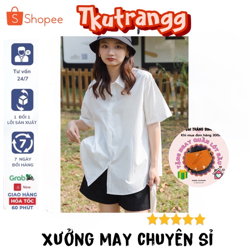 Áo bầu sơ mi nữ trắng form rộng công sở kiểu tay ngắn đẹp SM07