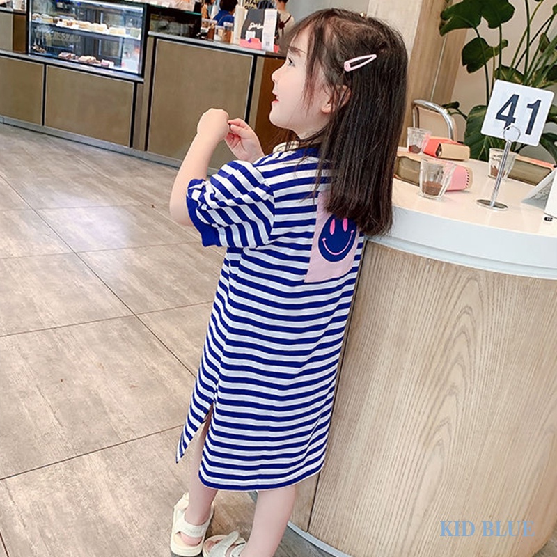 Đầm Ngắn Tay Họa Tiết Sọc Mặt Cười Lưng Vừa Thời Trang Mùa Hè Cho Mẹ Và Bé