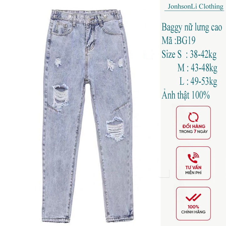 Quần baggy jean nữ lưng cao,màu xanh bạc cắt gối, LB4631 LB JL JohnsonLi