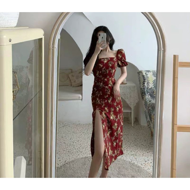 [ORDER] váy hoa nhí cổ vuông tay ngắn xẻ tà màu đỏ đô