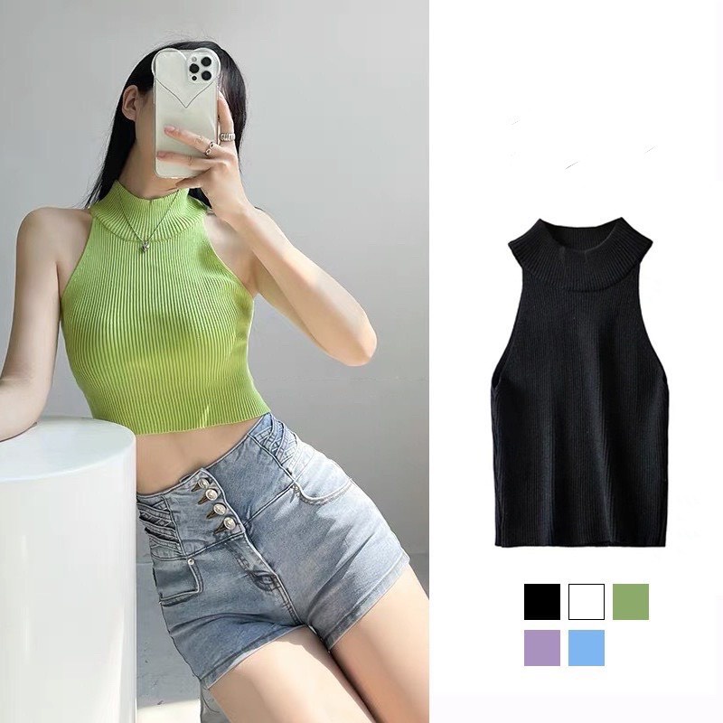 Áo len mỏng croptop cổ yếm năng động