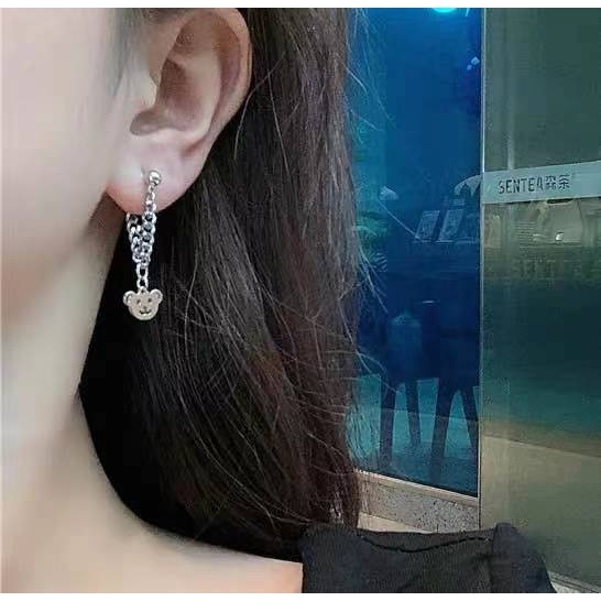 Bông Tai Hình Gấu Phối Dây Xích Phong Cách Hip Hop Thời Trang Hàn Quốc Cá Tính