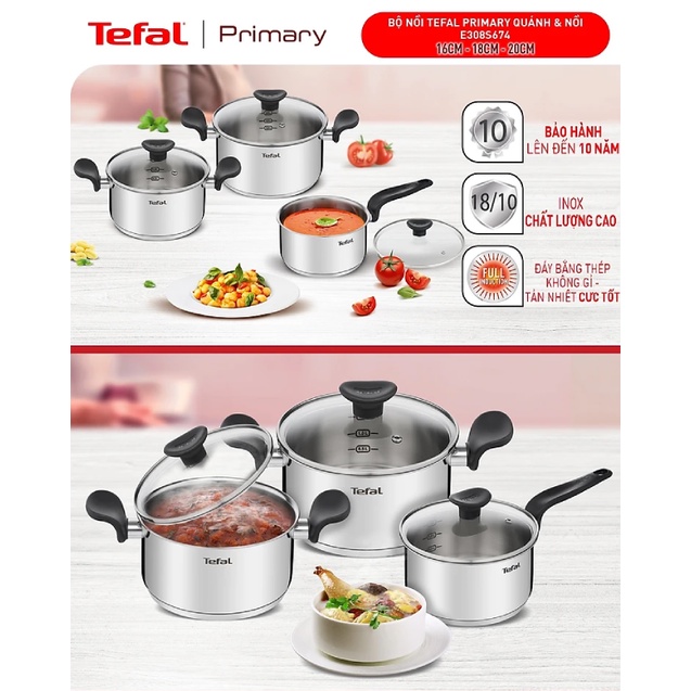 [LIFEMC11BPC -8% đơn 350K] Bộ nồi Tefal Primary 16/18/20cm (quánh 16cm-1.5L,nồi 18cm-2.2L, nồi 20cm-3L)