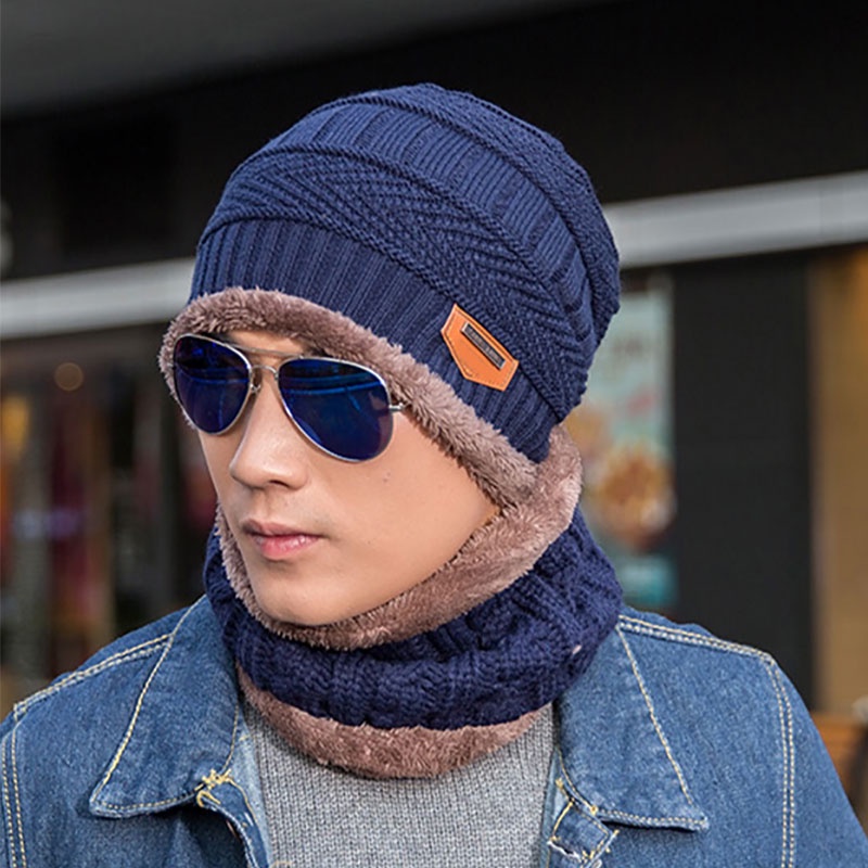 Mũ Beanie Kiêm Khăn Choàng Cổ Dệt Kim Giữ Ấm Mùa Đông Cho Nam Nữ