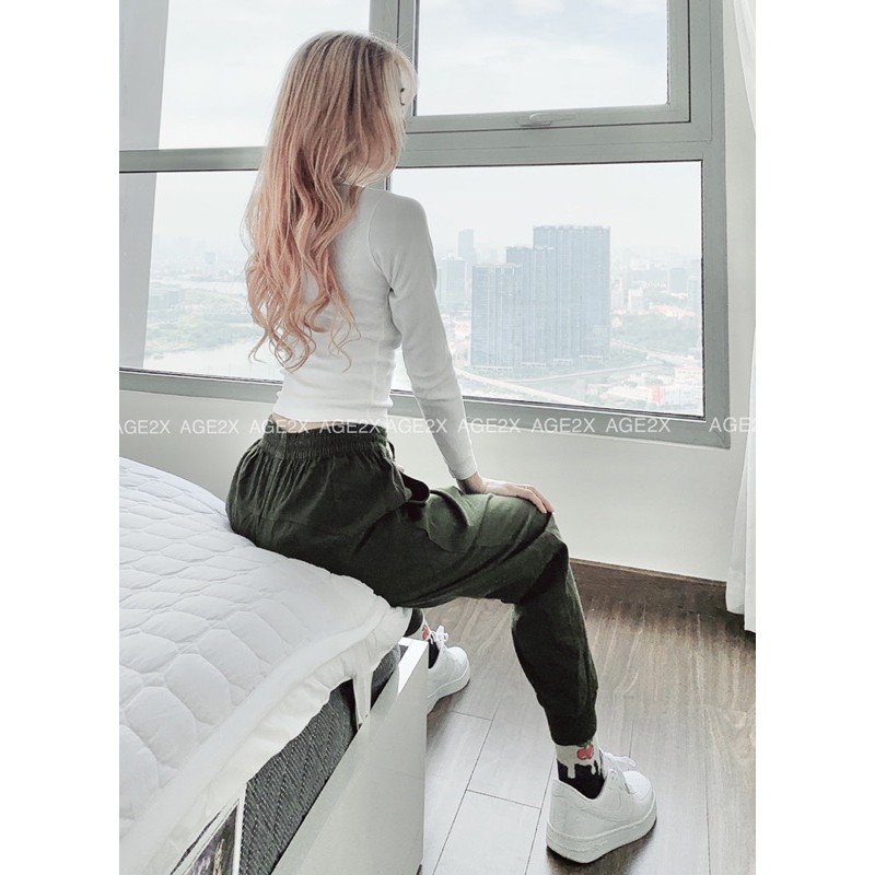 ⭐ HÌNH THẬT ⭐ Quần Jogger Nữ AGE2X Chính hãng, Chất kaki phối bo gân tệp màu co giãn, vải wash mềm