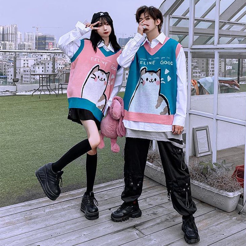 Áo Dệt Kim Sát Nách Dáng Rộng Kiểu Hoạt Hình Mèo Đáng Yêu Cho Cặp Đôi