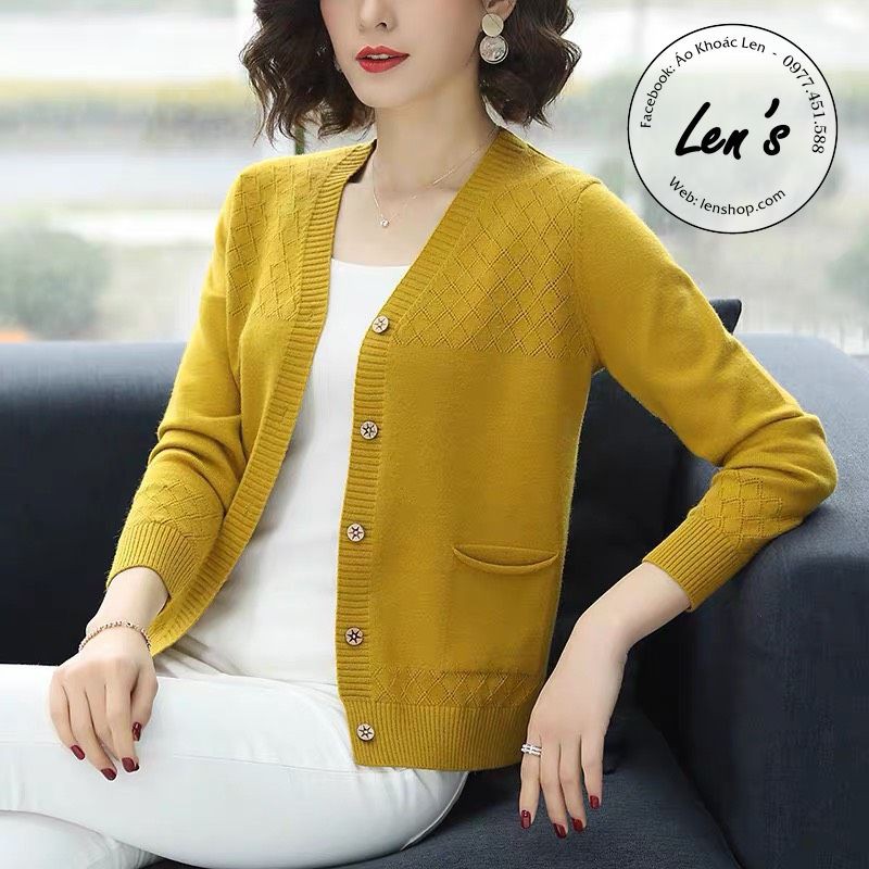 Áo Khoác Len Trung Niên Cổ Tim Gài Nút Có Túi