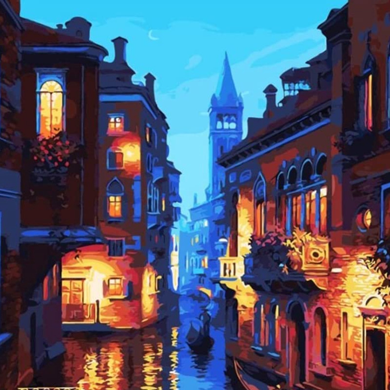 Tranh canvas không khung vẽ theo số tự làm hình đêm venice 16 x 20 inch kèm cọ và bột màu acrylic cho người mới bắt đầu