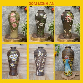 Bình hoa lọ hoa dáng cao thon vẽ hoa văn dáng chân đèn gốm Minh An Bát Tràng Cao 40cm, miệng 8cm