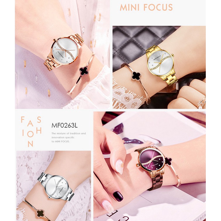 Đồng hồ quartz nữ mặt đính hột xoàn dây kim loại mini Focus