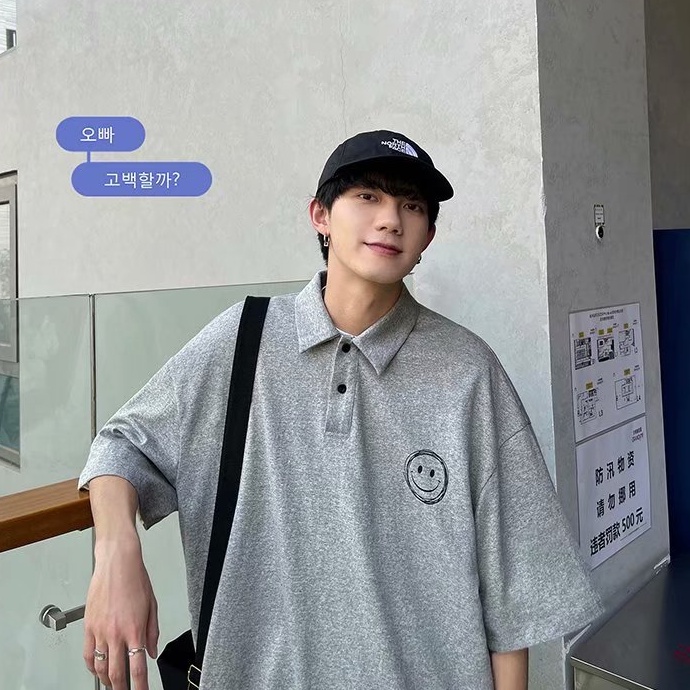 Áo sơ mi polo in thời trang Áo polo Tay Ngắn Dáng Rộng Họa Tiết Mặt Cười Thời Trang Hàn Quốc Cho Nam