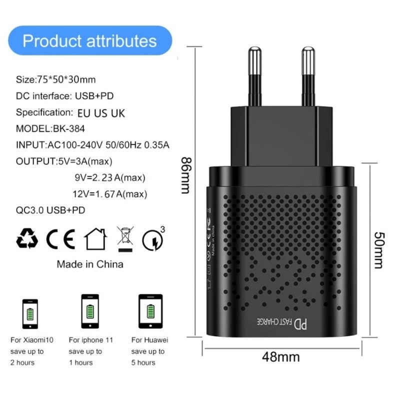 Củ sạc nhanh QC 3.0 20W PD phích cắm EU / US cho iPhone Android