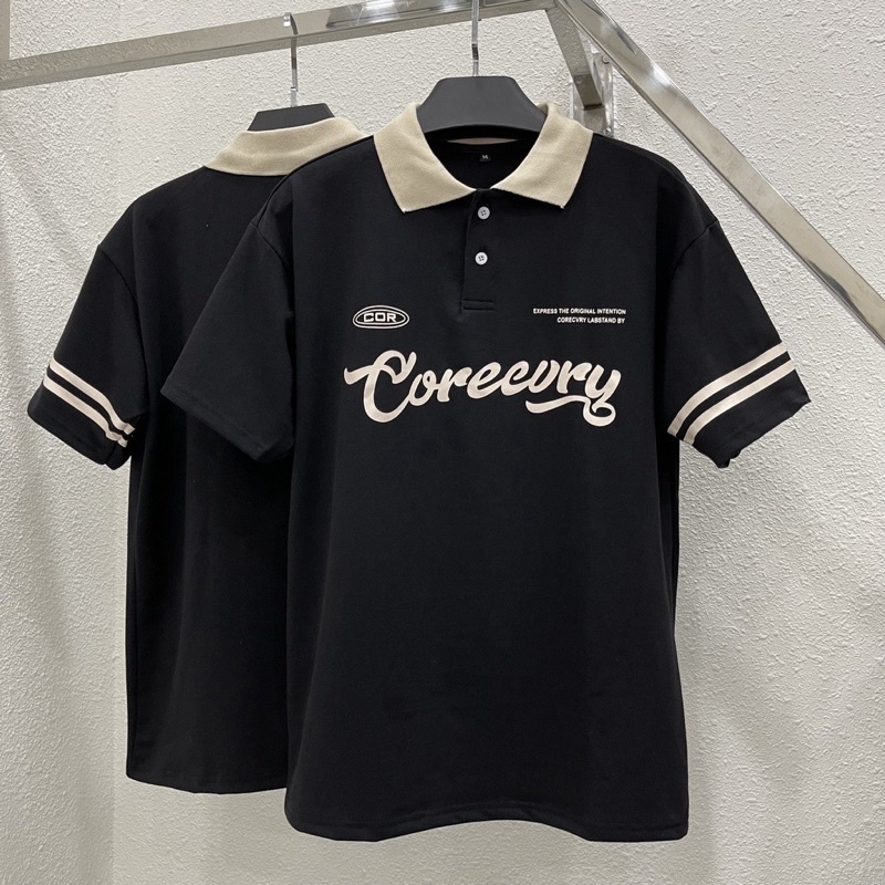 Áo thun Polo COREEVRY tan / đen viền tay áo cá sấu nam nữ unisex áo thun có cổ form rộng