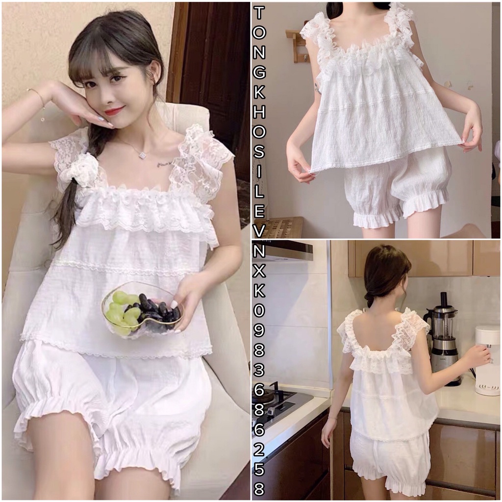 BỘ NGỦ 2 DÂY REN TRẮNG MIX QUẦN ĐÙI ĐUÔI BÈO - SET ÁO 2S QUẦN ĐŨI ULZZANG