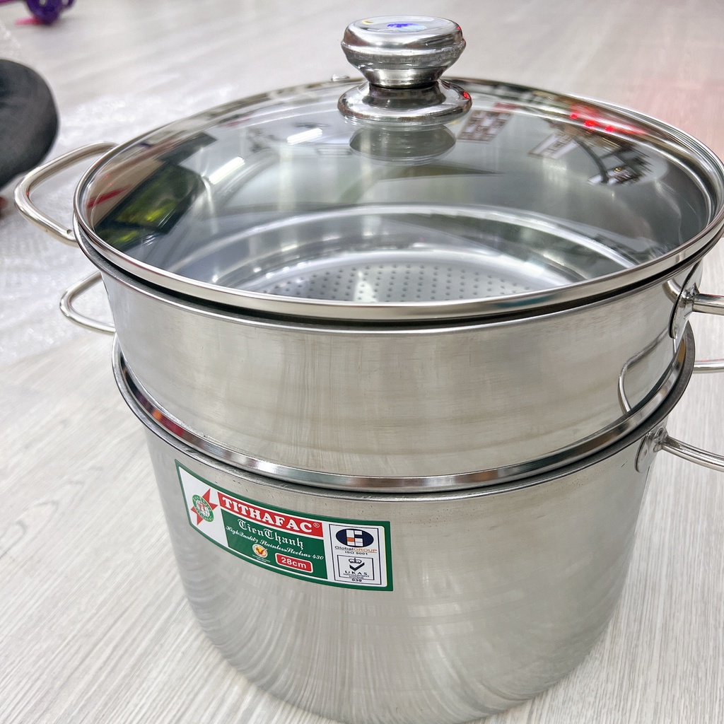 Nồi hấp inox 2 tầng nắp kiếng Tiến Thành dày dặn sử dụng được cả bếp ga và bếp từ tiện lợi sáng bóng