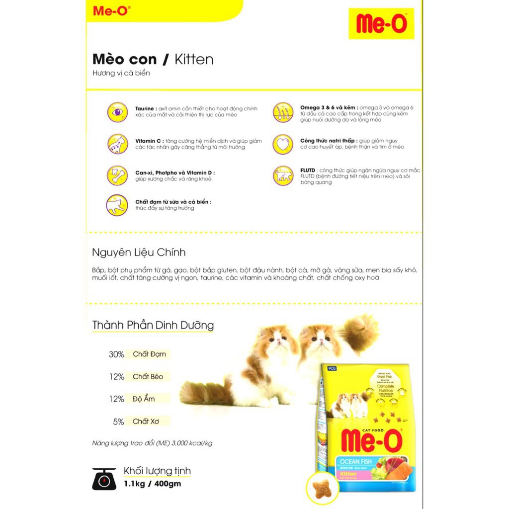 Hạt cho mèo Me o cá biển 400gr 1,1kg thức ăn khô mèo con nhỏ Con Mèo Xiêm