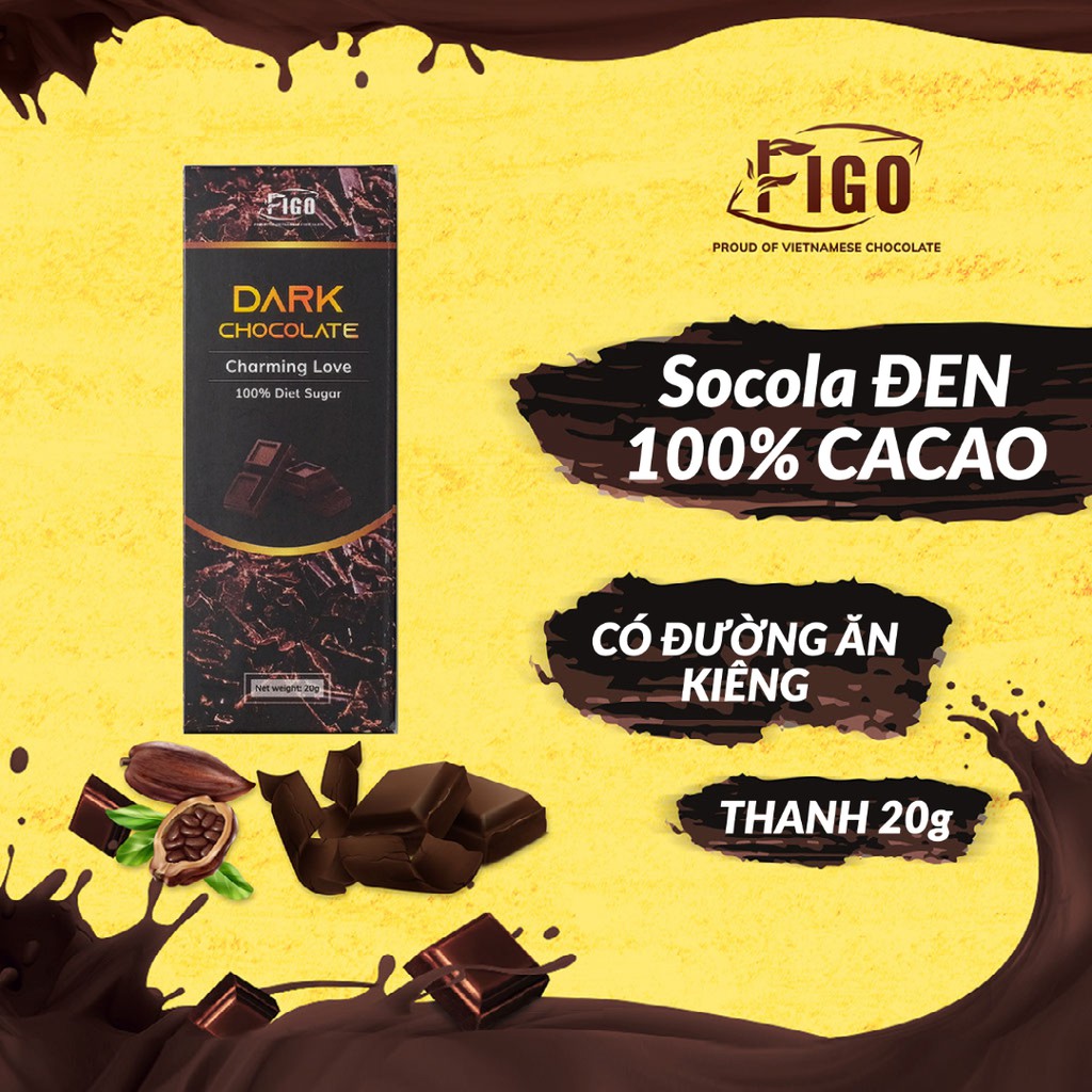[CHÍNH HÃNG-KETO] Dark Chocolate 100% có đường ăn kiêng DIET SUGAR 20g FIGO VIET NAM