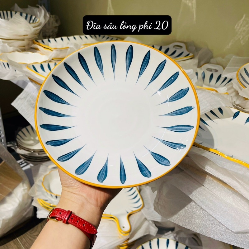 Bộ bát đĩa decor siêu đẹp set bát đĩa nhật hoạ tiết lá liễu 15 món