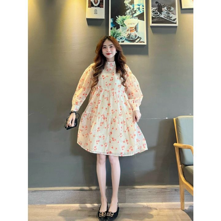 Đầm hoa nhí babydoll tay phồng dài mặc đi chơi, đầm tiểu thư Hàn Quốc cổ tròn, váy xòe bồng dễ thương
