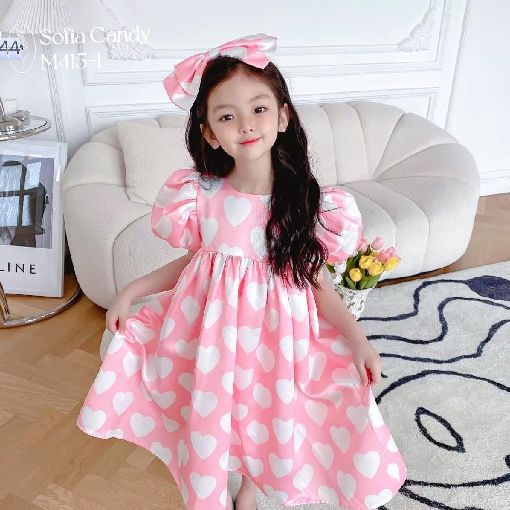 G4, Váy bé gái 12-40kg, Váy tim hồng Sofia Candy thô mềm cực kỳ ngọt ngào, tay phồng, dáng xòe phong cách công chúa