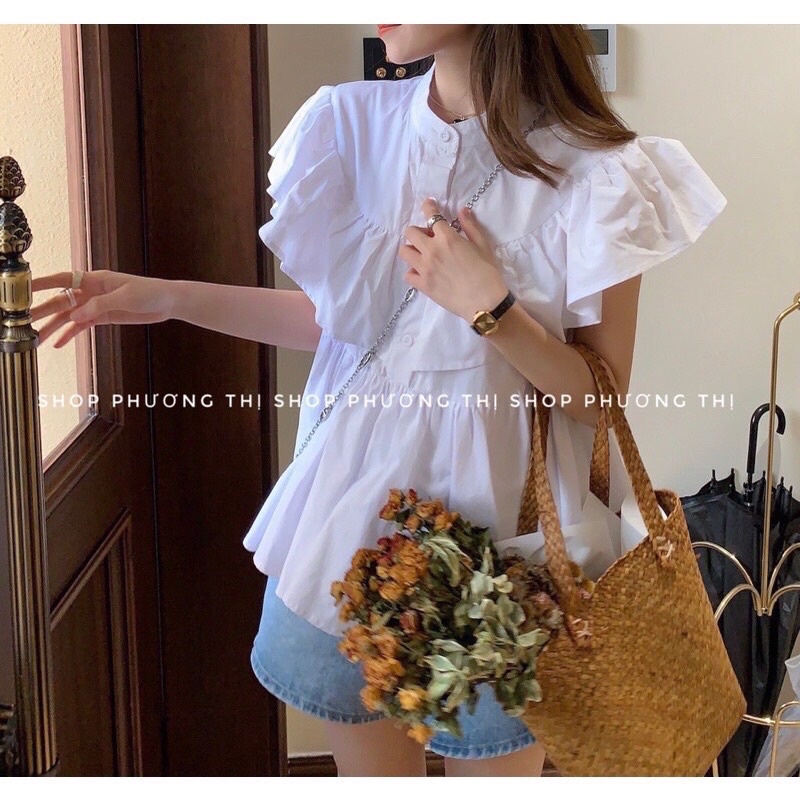 [Ảnh thật/sẵn] Áo sơmi cánh tiên TAY SÁT NÁCH tiểu thư trắng/nâu A20