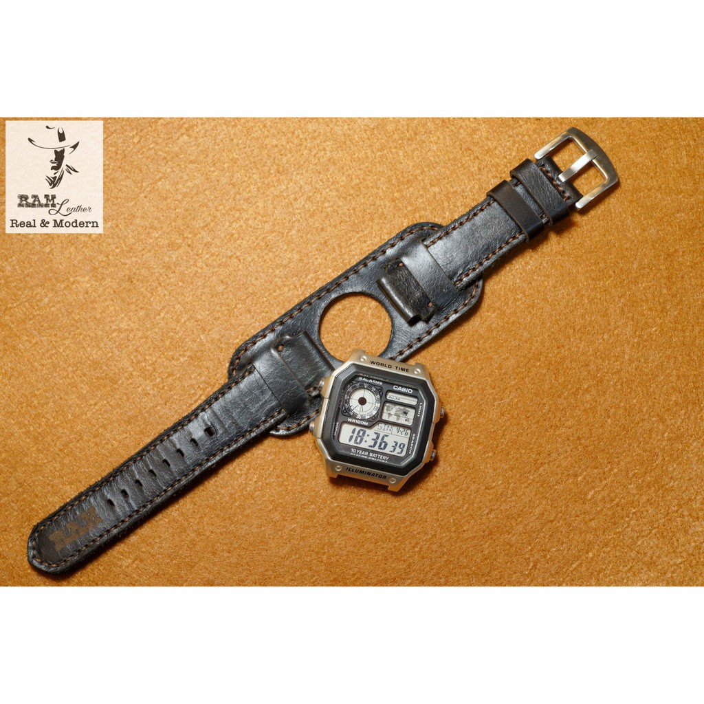 Dây đồng hồ RAM Leather B2 cho CASIO 1200, AE 1200, 1300, 1100, A159 , A168 , Size 18 da bò đen kiểu quân đội