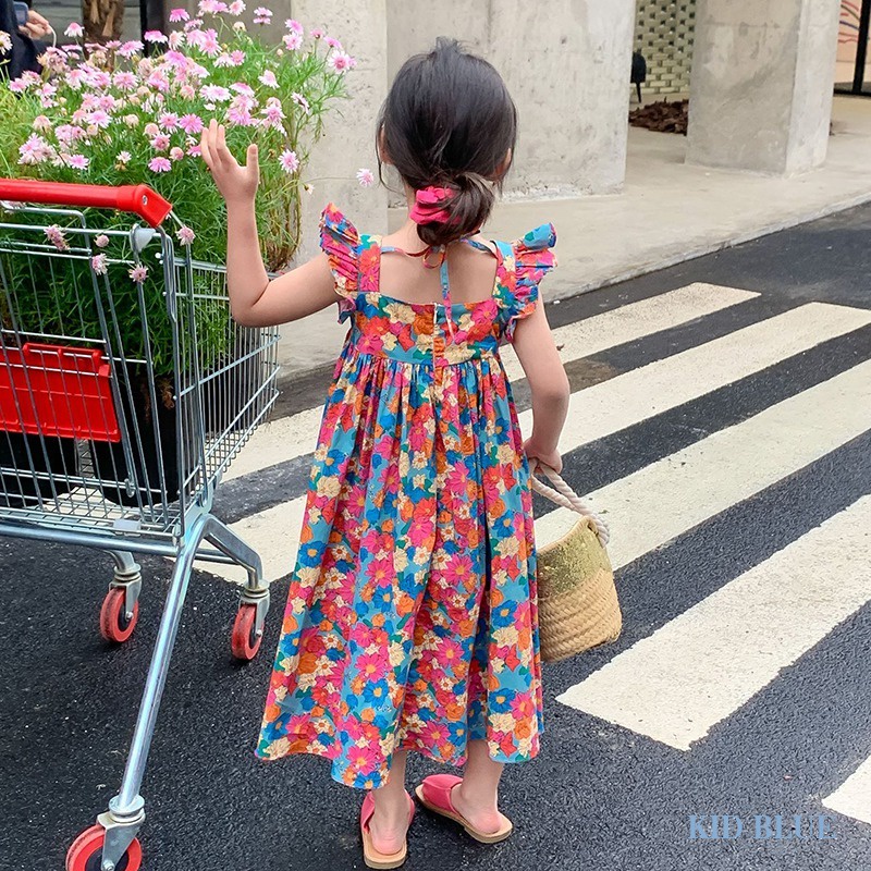 Đầm Dài Cổ Vuông Tay Cánh Tiên In Họa Tiết Hoa Thời Trang Hàn Quốc Cho Bé Gái