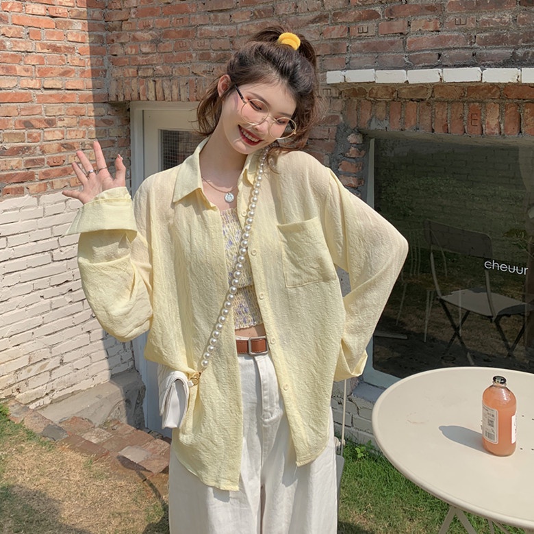 SUXI Set Áo Sơ Mi Tay Dài Màu Trơn + Áo Hoa Hai Dây Thời Trang Mùa Hè Cho Nữ