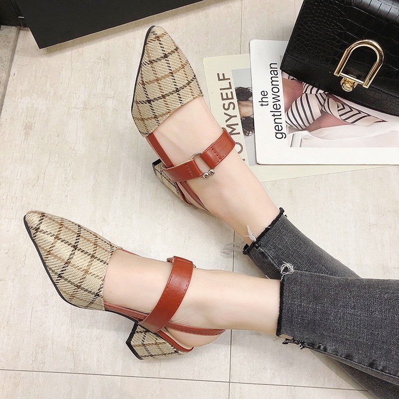 Giày cao gót mũi nhọn họa tiết sọc caro tùy chọn màu sắc thời trang phong cách Hàn Quốc cho nữ