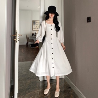 (Sẵn/Có Hình thật) Váy trắng cổ vuông công chúa. Đầm maxi trắng vintage cúc tay bồng