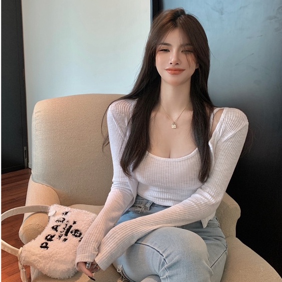 Set Áo Khoác Tay Dài + Áo Hai Dây + Quần Short Lưng Cao Phong Cách Hàn Quốc Thời Trang Mùa Thu Mới Cho Nữ